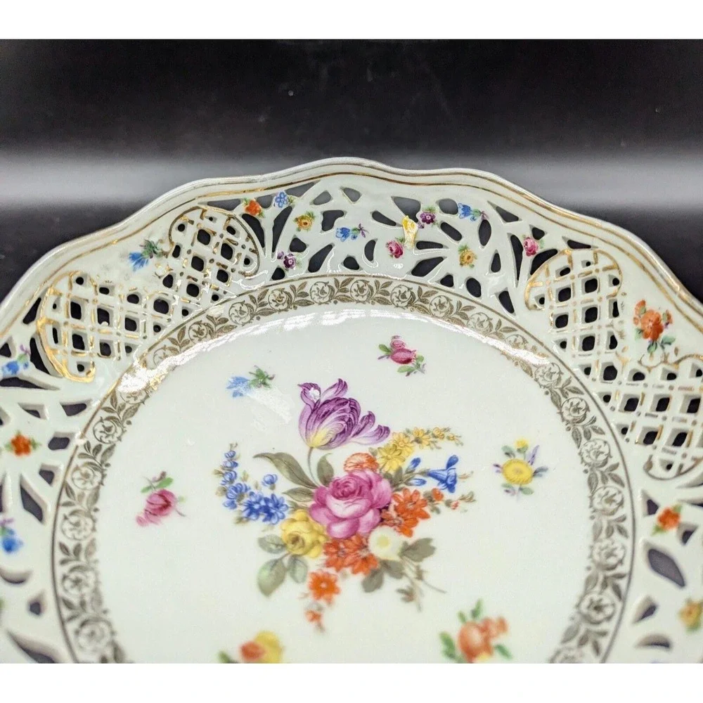 Schumann Dresden Hand Painted Round Floral Compote Pedestal Reticulated Bowl